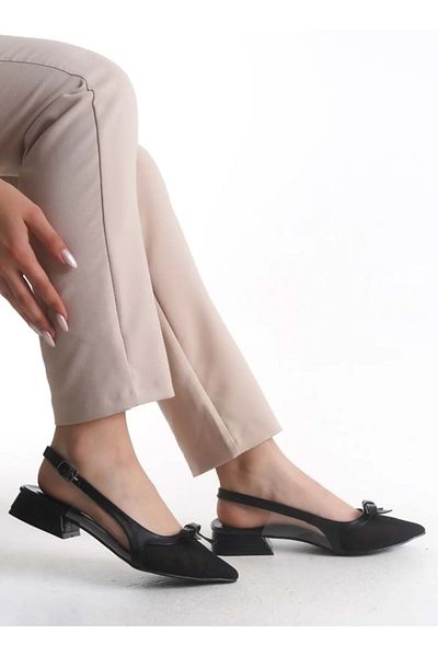 Kocamanlar Ayakkabı Feles Bow Lace Detailed Open Back Women's Ballerina Shoes Black