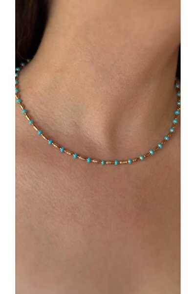 Soles 18 Ayar altın rengi rose mavi mineli çelik kolye