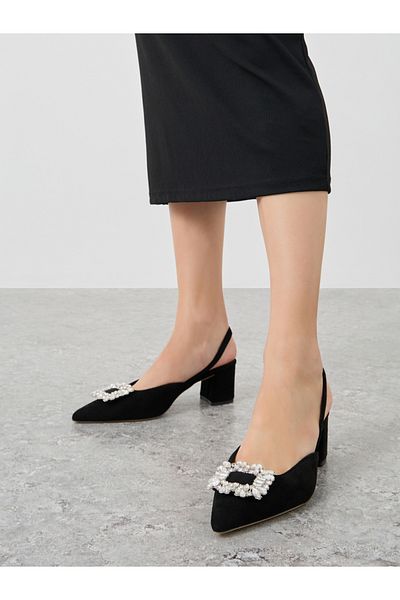 Sneak-a-Peek By Styli Rhinestone Buckle Detail Block Heel Slingback Shoes
