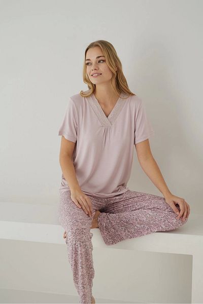 Pijamoni Women's Ring Viscose Fabric V-Neck Short Sleeve Pajama Set - 9565