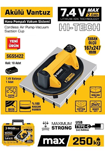 BİTERSE 250 KG Akülü Vakumlu Seramik Ahşap Cam Taşıma Vantuzu 7,4 Volt 2 Ampe...