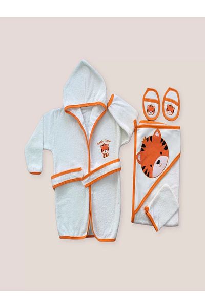 Mu Art 0-6 Months 5-Piece Baby Boy Towel and Duster Set with Tiger Embroidered Bathrobe Orange