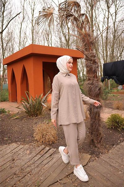 Bwest Simple Double Hijab Shirt Set - (38-46) - 71263 - Beige