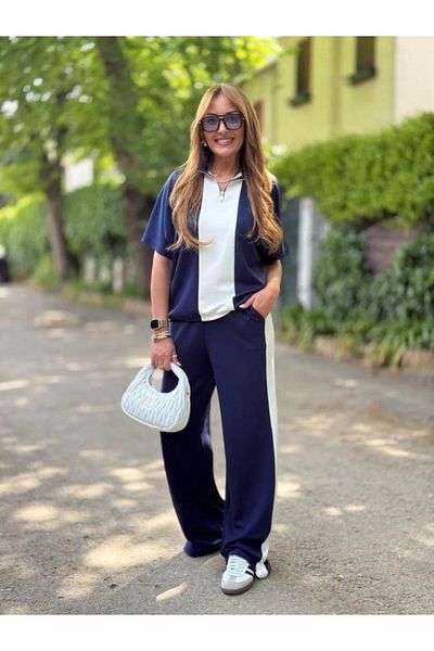 Modayakamoz New Season Women's Modal Fabric Collar Zippered Stripe Detailed Suit