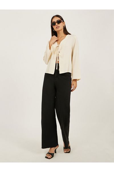 Styli Plain V Neck Linen Look Top with Tie Detail