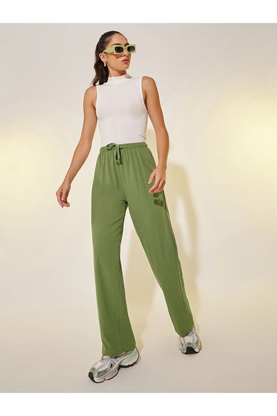 Styli Solid Elastic Waistband Straight Pants