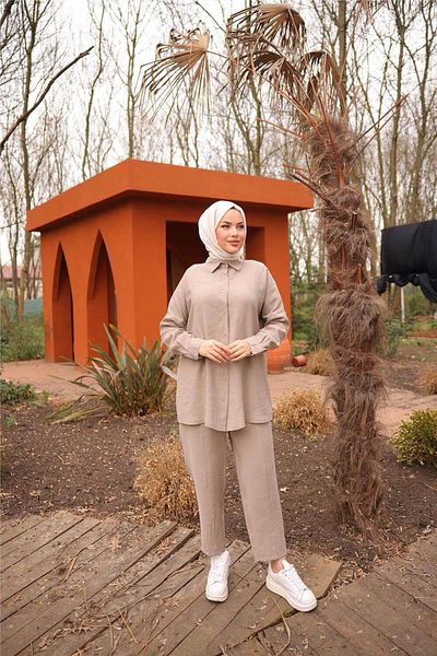 Bwest Simple Double Hijab Shirt Set - (38-46) - 71263 - Beige
