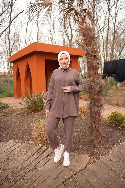 Bwest Simple Double Hijab Shirt Set - (38-46) - 71263 - Brown