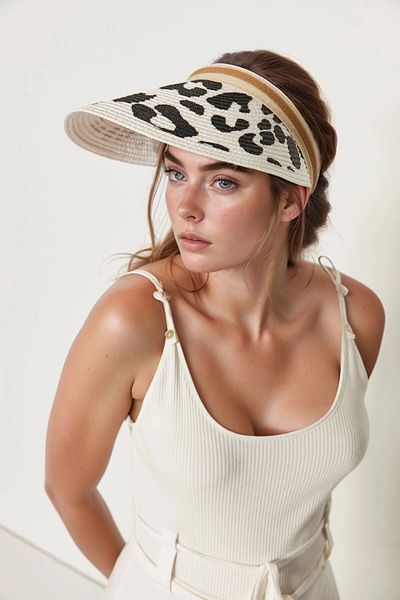 bacc White Leopard Patterned Straw Visor Hat Bcnsv-2514403
