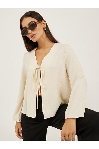 Styli Plain V Neck Linen Look Top with Tie Detail