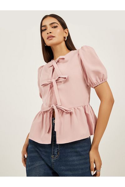 Styli Plain Puff Sleeves Peplum Top with Tie Detail