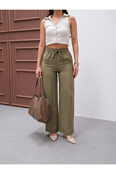veres Kadın Haki Keten Karışımlı Yüksek Bel Bol Paça Beli Bağlama Detaylı İnce Yazlık Palazzo Pantolon