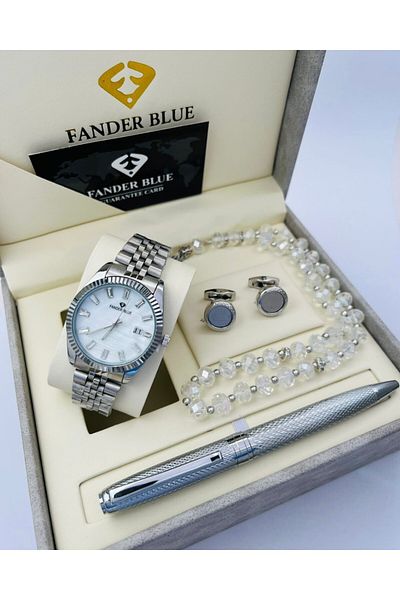 FANDER BLUE Fender Blue 4-piece Men's Set بديل Watch, Pen, Cufflinks, And Box