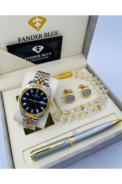 FANDER BLUE Fender Blue 4-piece Men's Set بديل Watch, Pen, Cufflinks, And Box