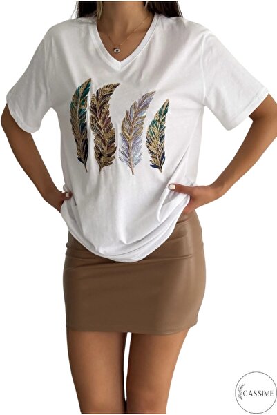 Cassime Dámské bílé 100% bavlněné flitry Flitry Vyšívané Tričko s výstřihem do V velikosti Xl-2xl-3xl