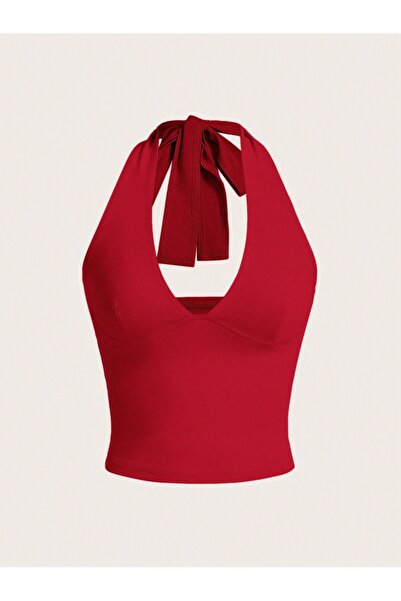 LUMİZA V Yakalı Sırtı Açık Boyundan Askılı Fiyonklu Bordo Bluz