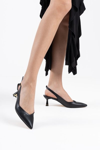 MASSOLE Women's Black Leather 5 cm Stiletto Special Design Heel V Model Open Back Comfortable Massole New Season