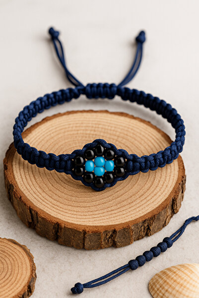 Puffy Men's Women's Macrame Bracelet – Navy Blue Rope & Turquoise–Black Beads