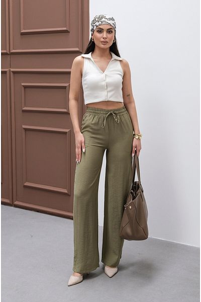 veres Women's Khaki Linen Blended High Waist Loose Wide Leg Waist Tie Detail Thin Summer Palazzo Pants