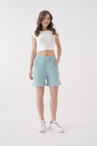 saint majesta 100% Cotton Muslin Women's Shorts - Relaxed Fit, Lace-Up Elastic Waist, Functional Pockets Sm002