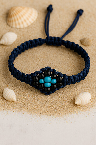 Puffy Men's Women's Macrame Bracelet – Navy Blue Rope & Turquoise–Black Beads
