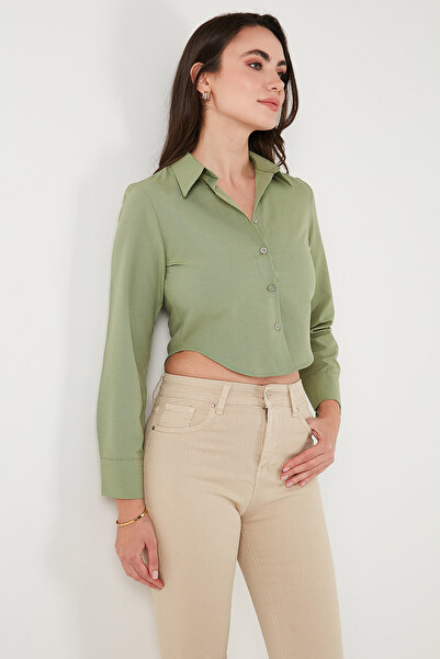 Lela Cotton Blend Slim Fit Long Sleeve Crop Shirt Shirt 6777336
