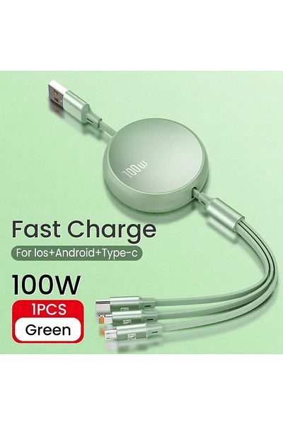 Choice 1.2m Green 6A 100w Data Cable 3 in1 Fast USB Cable Retractable Portable Charging Line Micro USB Typ