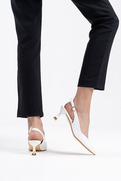 MASSOLE Women's White Leather 5 cm Stiletto Special Design Heel V Model Open Back Comfortable Massole New Season