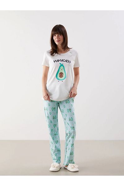 LC Waikiki Lcw Dream Turquoise Crew Neck Printed Maternity Pajamas Set