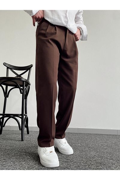 Z1MAN - Men's Pleated Baggy Elastic Waist Fabric Trousers-Bitter Brown