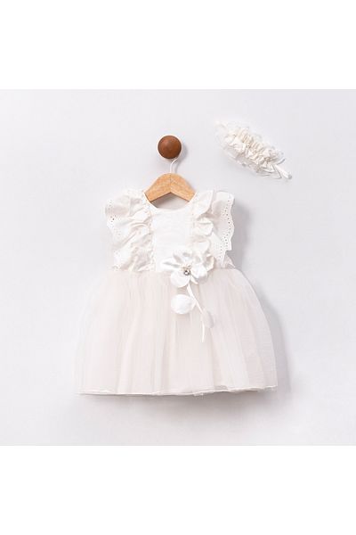 ministok Toddler Girl Dress with White Scalloped Ruffle Sleeves and Hair Accessories