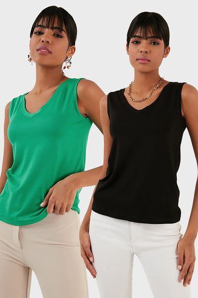 Lela Slim Fit V-Neck Thick Strap 2'Li Package Blouse Bluz 5864384S2