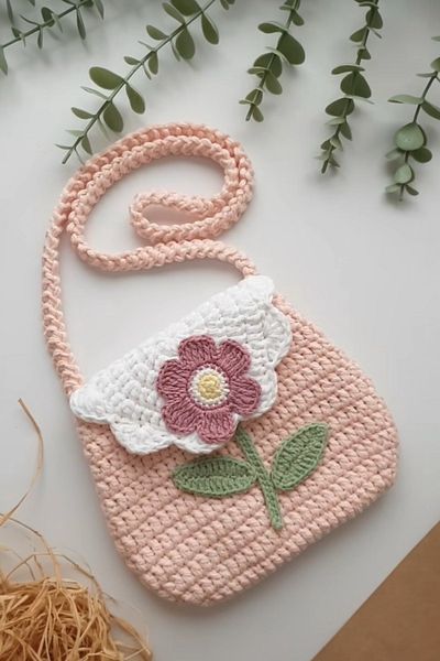 AFRALYAHOME Children's Bag with Daisy / Knitted Children's Bag / Pink Cute Children's Bag