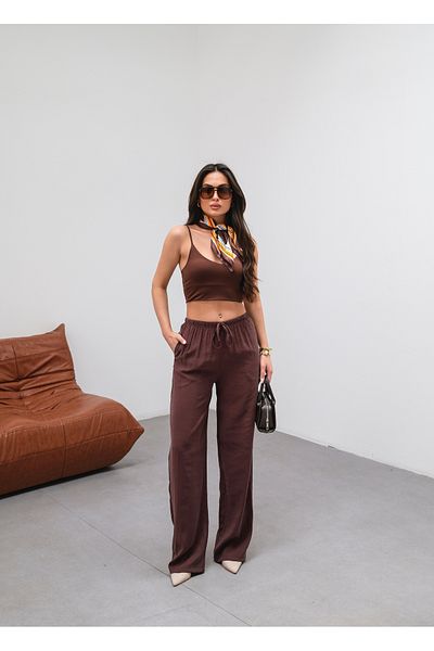 veres Women's Bitter Brown Soft Modal Woven Fabric Wide Leg Elastic Waist Flowy Summer Pants