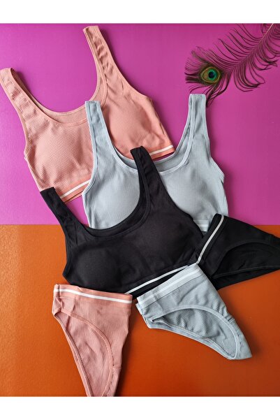 Demirsa Boutique Kaşkorse Kumaş 3'lü Siyah, Gül Kurusu, Mavi Renk Pedli Sütyen Külot Takım