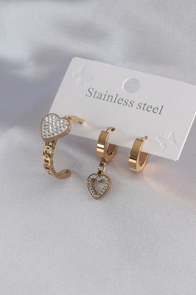 Skygo 316L Steel Gold Color Heart Model Zircon Stone Women's Earring Combination - TJ-BKP7101