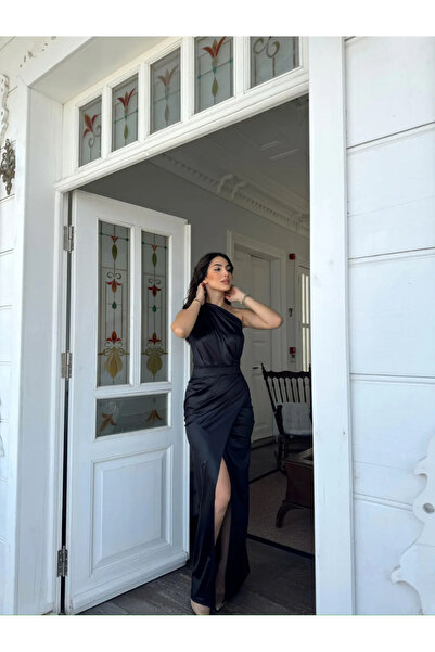 Genel Markalar Fiona Tek Kol Drapeli Saten Abiye 582856 SİYAH