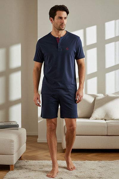 Trendyol Collection Marineblaues, reguläres, besticktes, gestricktes Pyjama-Set mit Mitgift-Shorts TMNSS25PT00079