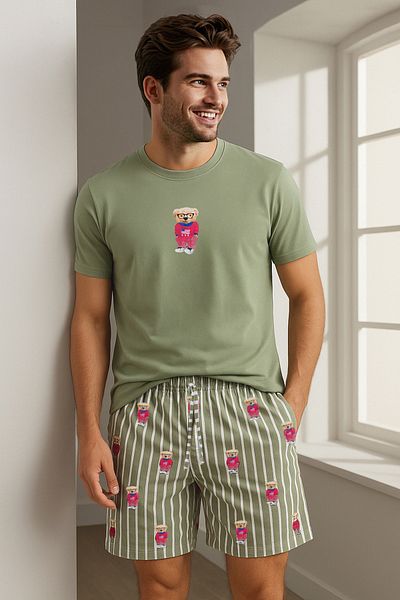 Trendyol Collection Σετ Πιτζάμες Χακί Regular Fit - Πλεκτό Σορτς με στάμπα