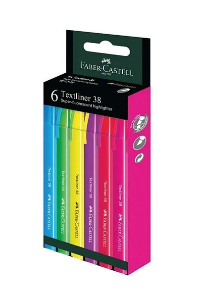 Faber Castell Highlighter 38 Neon Set of 6, Vibrant Colors, Water-Based Ink, Ergonomic Design