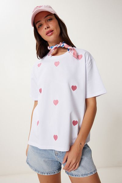 Happiness İstanbul Women's White Heart Embroidered Cotton Knitted T-Shirt An00244