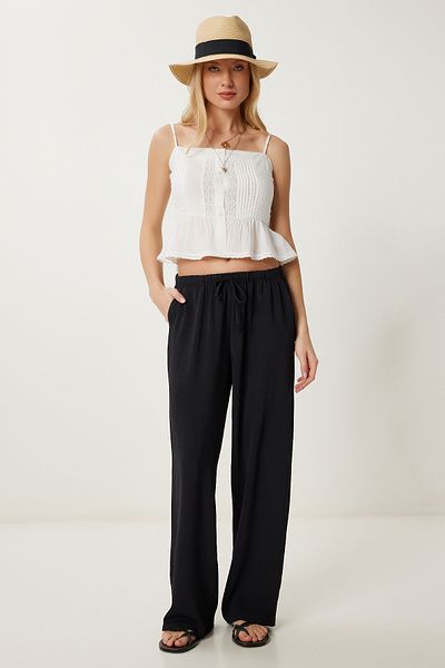 Happiness İstanbul Schwarze Palazzo-Hose aus Leinenmischung für Damen, Sommer, drapiert, DD01352