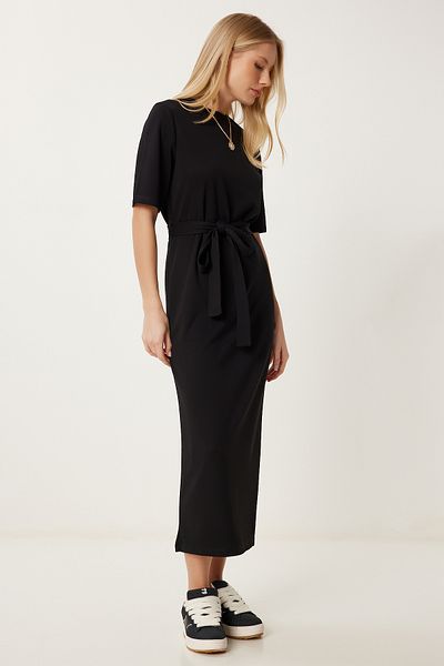 Happiness İstanbul Rochie tricotată elastică cu curea neagră pentru femei DZ00125