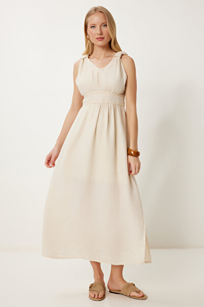 Happiness İstanbul Dámské letní lněné šaty se smetanovým úpletem RV00209
