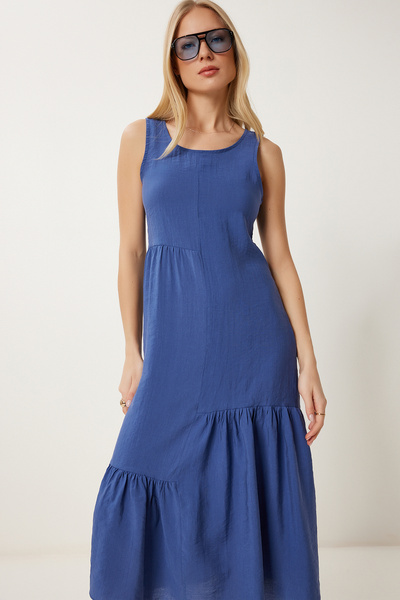 Happiness İstanbul Rochie lungă Ayrobin cu volan albastru indigo pentru femei GK00021