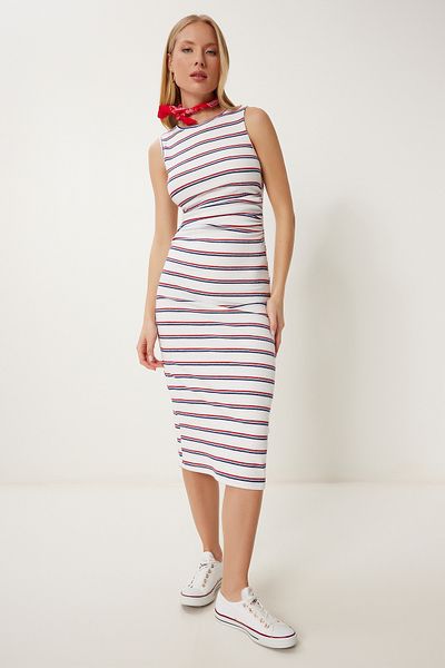 Happiness İstanbul Women's White Gather Detailed Slit Stretchy Summer Knitted Dress An00243