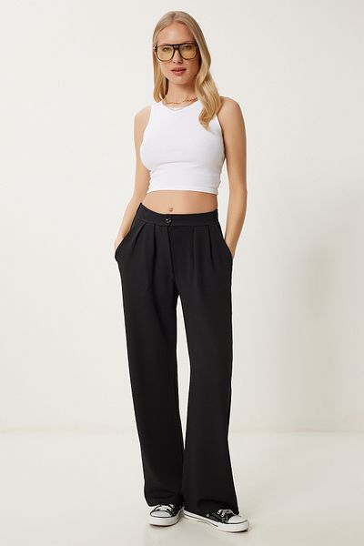 Happiness İstanbul Women's Black Pleated Super Stretch Palazzo Pants An00255