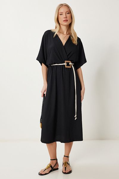 Happiness İstanbul Women's Black Double Breasted Neckline Belted Stretchy Wrap Dress Zv00310