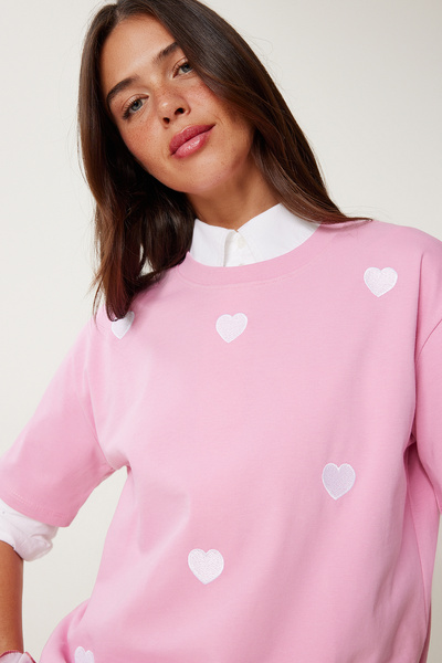 Happiness İstanbul Γυναικείο Πλεκτό Βαμβακερό Μπλουζάκι Ροζ Καρδιά Κεντημένο AN00244