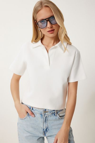 Happiness İstanbul Ecru Damen Polo Kragen Pique Gestricktes T-Shirt DP00254